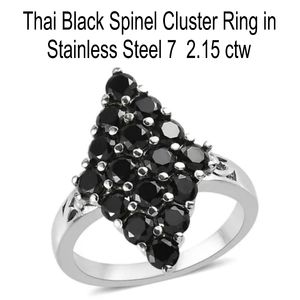 Thai Black Spinel Cluster Ring in Stainless Steel (Size 7.0) 2.15 ctw